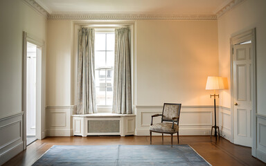 Obraz premium Elegant beige and blue interior design with a classic armchair and a warm lamp perfect for a cozy living room 