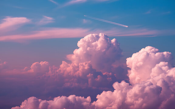 Pink and blue cloudscape with a plane trail  perfect for travel and freedom concepts   
