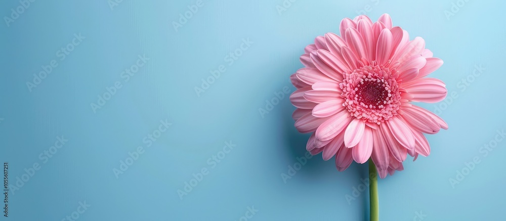 Poster top view of a lovely pink gerbera flower on a light blue backdrop with room for text in the image. c