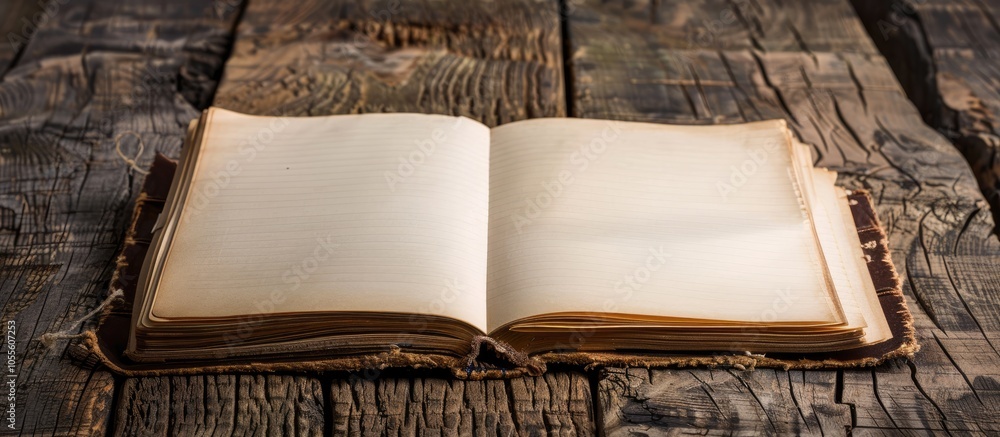 Poster wooden table background with a blank notebook providing copy space image