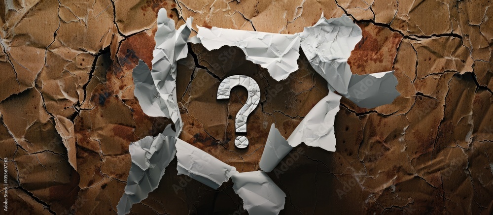 Poster conceptual symbol asking introspective questions displayed on torn white paper against a brown backd