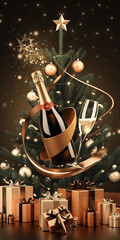 Golden Christmas tree  champagne  and presents  a festive celebration 