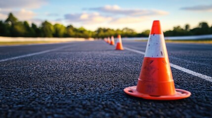 Test drive on asphalt track featuring a red traffic cone sign designed for driving instruction