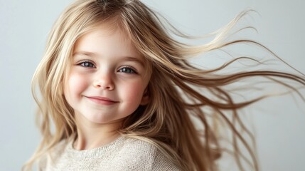Fototapeta premium Playful young child with long blonde hair in a cheerful pose