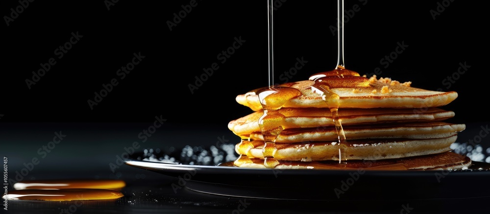 Poster syrup or honey cascading generously over a stack of pancakes with available copy space image
