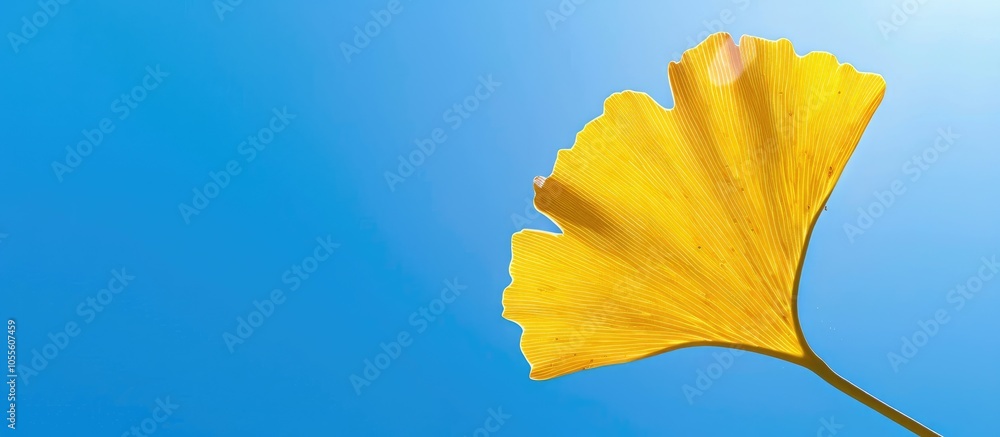 Poster ginkgo tree leaf in bright yellow against a clear blue sky with potential for adding a copy space im