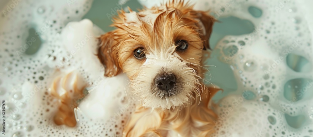 Poster overhead view of a joyful puppy bathed in a grooming salon with soap foam offering a blank image are