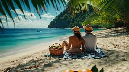 Couple enjoying a romantic picnic on a secluded tropical beach, with a blanket laid out on the sand and a basket of fresh fruit. . Video