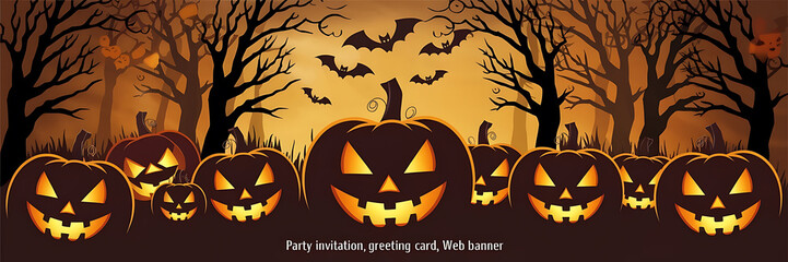Spooky Halloween pumpkins and bats in a dark forest  perfect for a scary invitation or greeting card   
