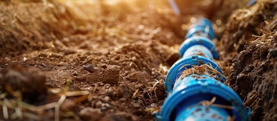 Obraz premium Freshly laid sewage system featuring blue PVC pipes protruding from the ground capped and covered with straw on the dirt surface with copy space image