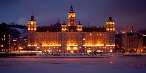Obraz premium Majestic, brilliantly illuminated castle-like building at dusk with glowing lights reflecting on a serene icy river surrounded by a peaceful winter landscape