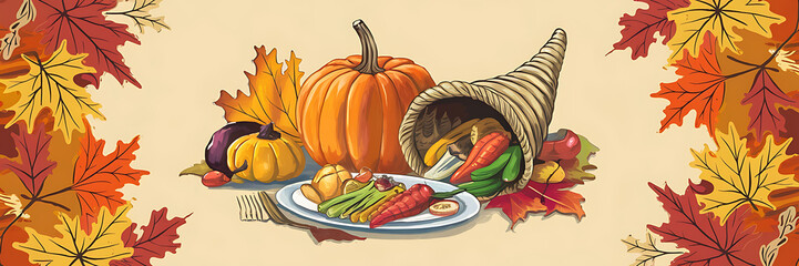 Orange pumpkin and cornucopia overflowing with fall harvest  Thanksgiving celebration   