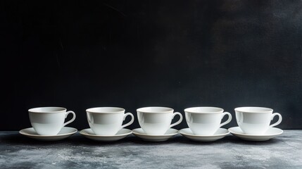 Fototapeta premium White cups with saucers displayed against a dark backdrop