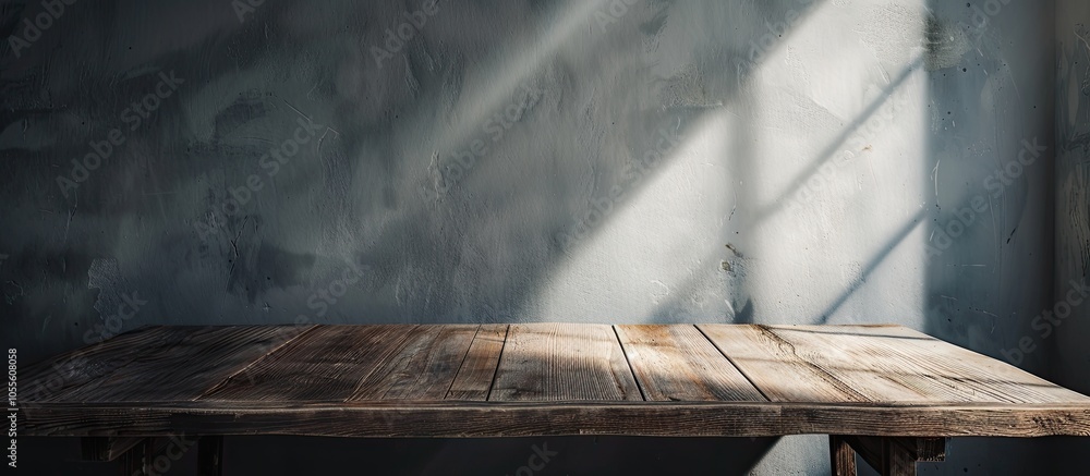 Poster a wooden table with a soft window lit wall background casting subtle shadows providing an ideal copy