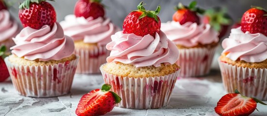 Group Of Homemade Strawberry Cupcakes With The Focus Made On One