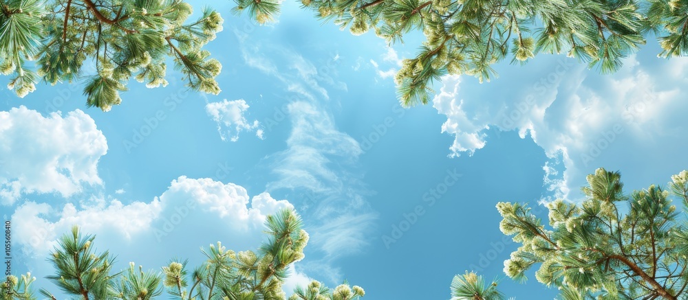 Wall mural a serene view of pine tree branches in bloom set against a scenic blue sky dotted with fluffy clouds