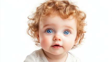 Naklejka premium Baby with soft curly hair, chubby cheeks, and curious expression, looking forward with joy, isolated on white