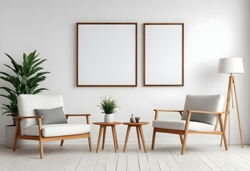 Mockup Poster Frame in Modern Living Room Interior - Contemporary Style 3D Render, Minimalist Poster Frame Mockup in a Modern Living Room - 3D Render Design