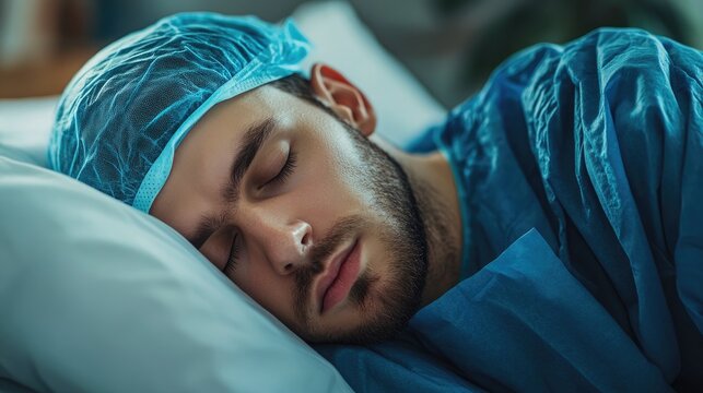 Young male doctor with a sleep mask resting peacefully