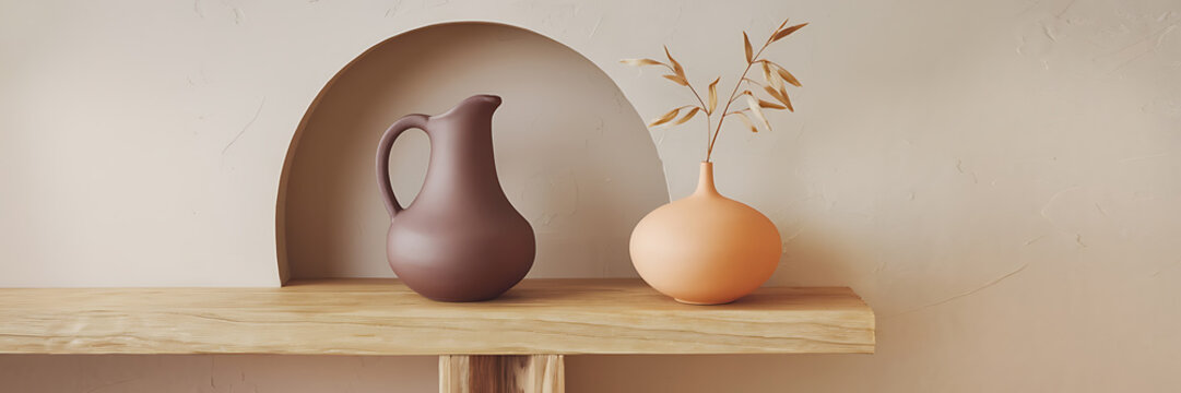 Brown and peach ceramic vases on a wooden shelf  minimalist interior design  autumnal vibes   