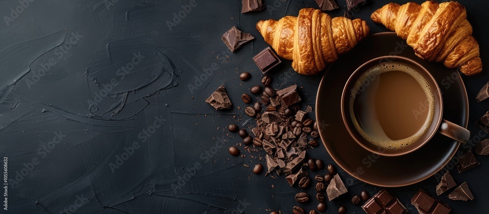 Poster top down view of a cup of coffee chocolate bits and croissant on a dark background showcasing copy s