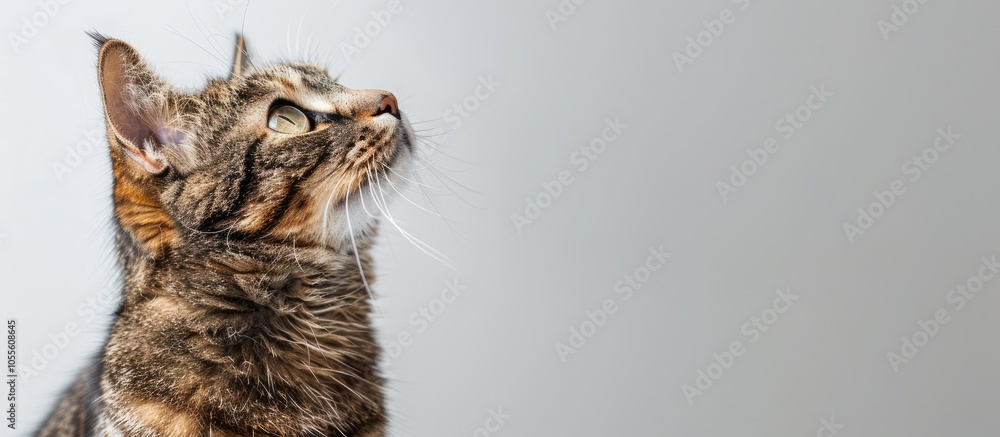 Poster a cat close up gazes up in a sitting pose against a white backdrop suitable for a copy space image