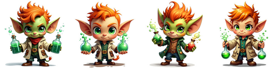 Fototapeta premium PNG with transparency layer. cartoon elf alchemist, fantasy character, green potion, red potion, video game asset, digital art, animation, illustration, character design