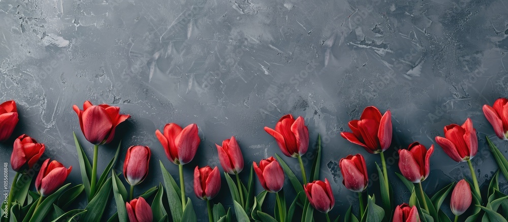 Poster a top down view of tulips against a gray backdrop with room for text ideal for showcasing spring blo