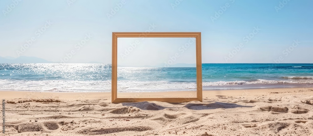 Poster a captivating image showcasing a wooden frame on a sandy beach with ample copy space for text placem