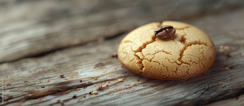 Poster coffee break featuring a butter cookie topped with a coffee bean on a wooden surface focus on the sn