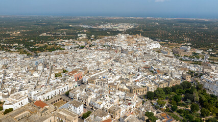 Aerial view of the historic center of Ostuni, also known as The White Town. The Old Town is located...