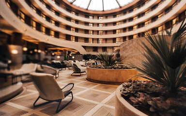Modern hotel lobby interior design with beige and green tones  showcasing luxury and comfort   