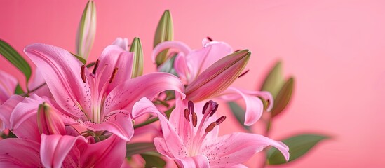 Obraz premium Vibrant pink lilies against a bold pink backdrop exuding elegance and beauty in a copy space image ideal for templates or mockups