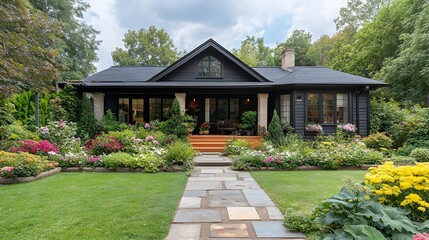 Fototapeta premium Beautiful single-storey house with a cozy front porch lush green surroundings and a simple open layout