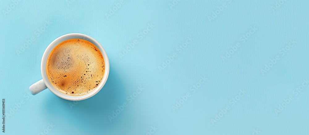 Poster top down view of delicious coffee in a cup on a light blue backdrop with a clear area for text in th