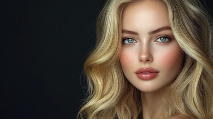 Fototapeta premium Elegant blonde woman with flawlessly smooth hair and classic makeup Stunning facial features