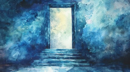 Mystical Watercolor Doorway Leading to Another World in Ethereal Blue Landscape
