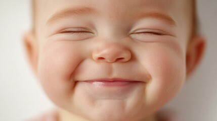 Close-up of a happy baby with tiny teeth, big smile, and sparkling eyes, showing pure joy, isolated on white