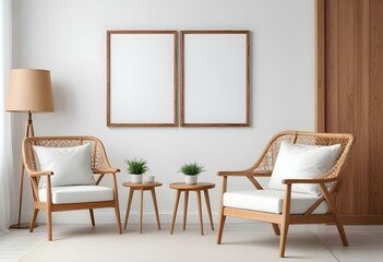 Mockup Poster Frame in Modern Living Room Interior - Contemporary Style 3D Render, Minimalist Poster Frame Mockup in a Modern Living Room - 3D Render Design