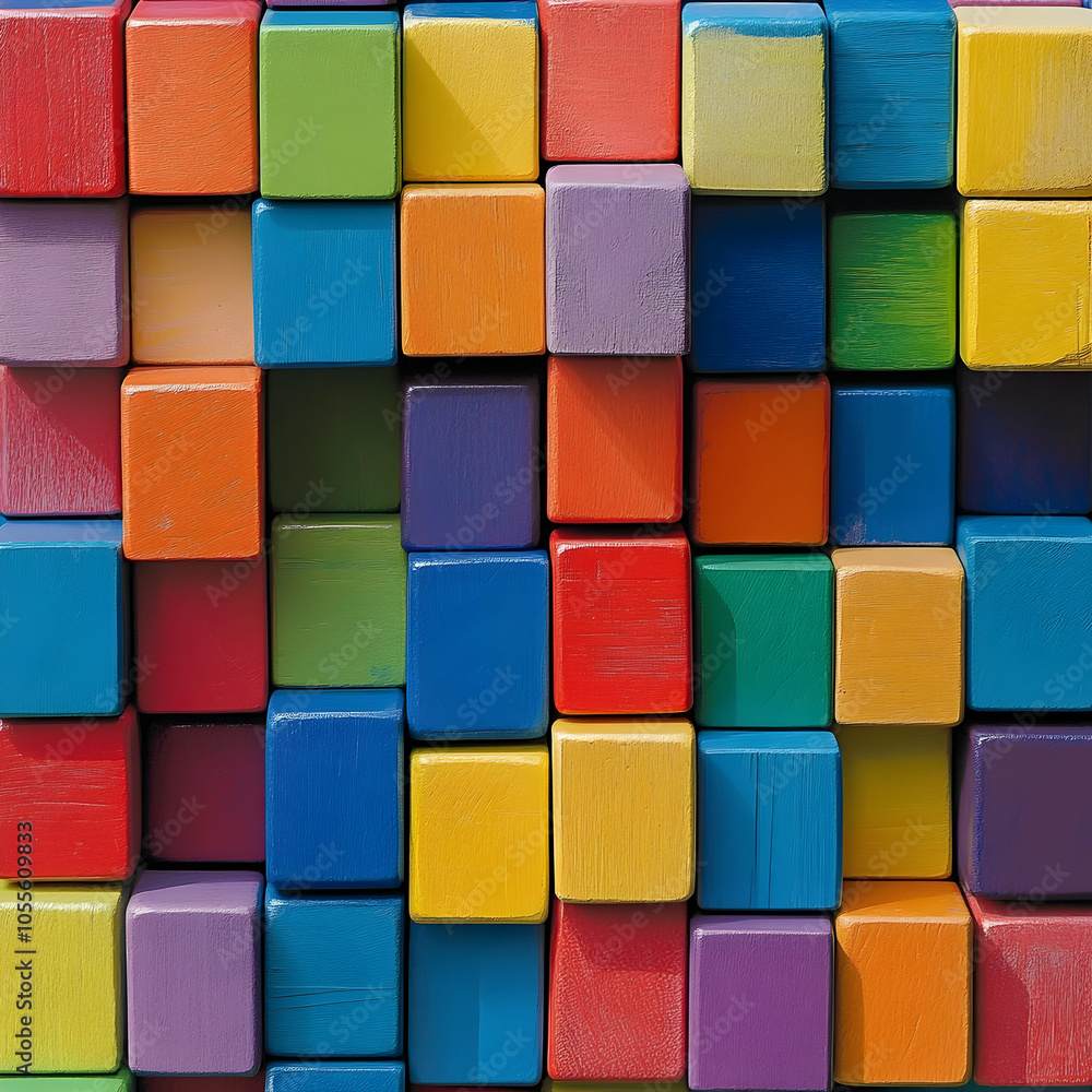 Poster stacked colorful building blocks: brightly colored building blocks stacked in neat rows, showcasing 