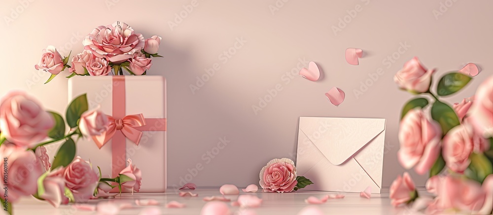 Poster background in beige adorned with a gift box roses and an envelope containing a blank card perfect fo