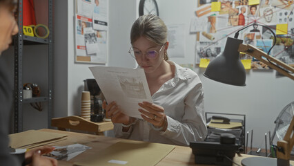 Two focused women in a detective's office investigate evidence, surrounded by a cluttered workspace...