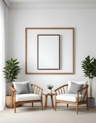 Mockup Poster Frame in Modern Living Room Interior - Contemporary Style 3D Render, Minimalist Poster Frame Mockup in a Modern Living Room - 3D Render Design