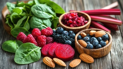 Wide angle view of a rustic wooden table featuring raw spinach beet greens beetroot slices rhubarb stalks almonds and assorted berries for oxalate awareness