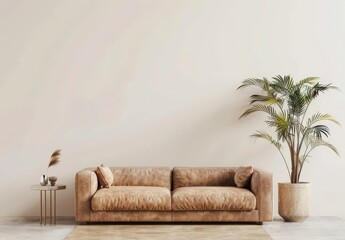 A minimalist living room interior with a brown leather sofa. a potted palm tree. and a side table with dried flowers on a beige rug