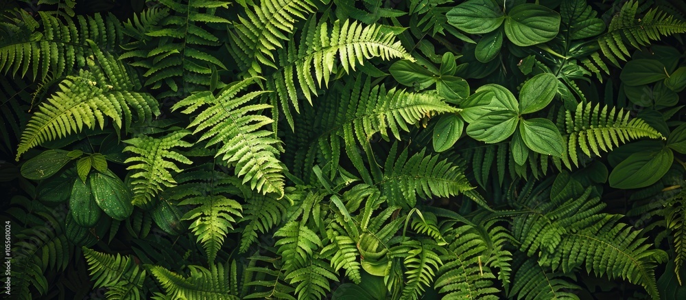 Poster green fern leaves of the polypodiophyta growing in the forest between trees or in a park during summ