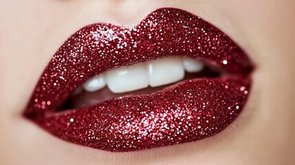 Obraz premium Close-Up of Plump Lips with Sparkling, Red Glitter Lipstick Perfect Party Makeup or Valentines Day