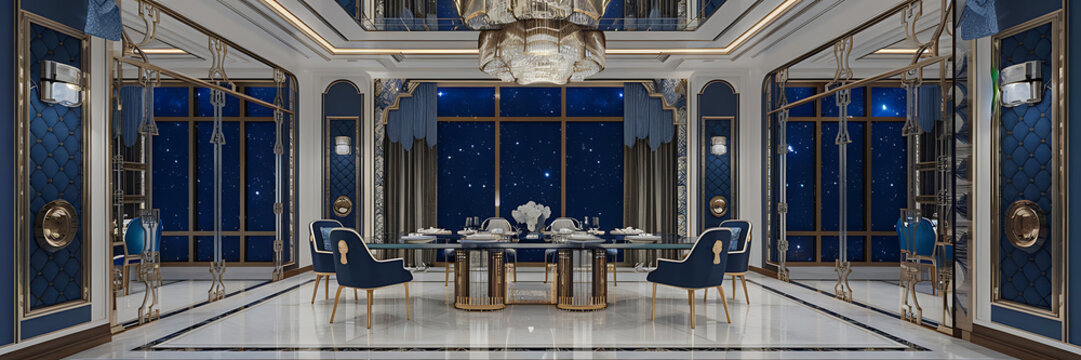Luxury dining room with gold and blue accents  a night sky view and a sense of elegance and sophistication   