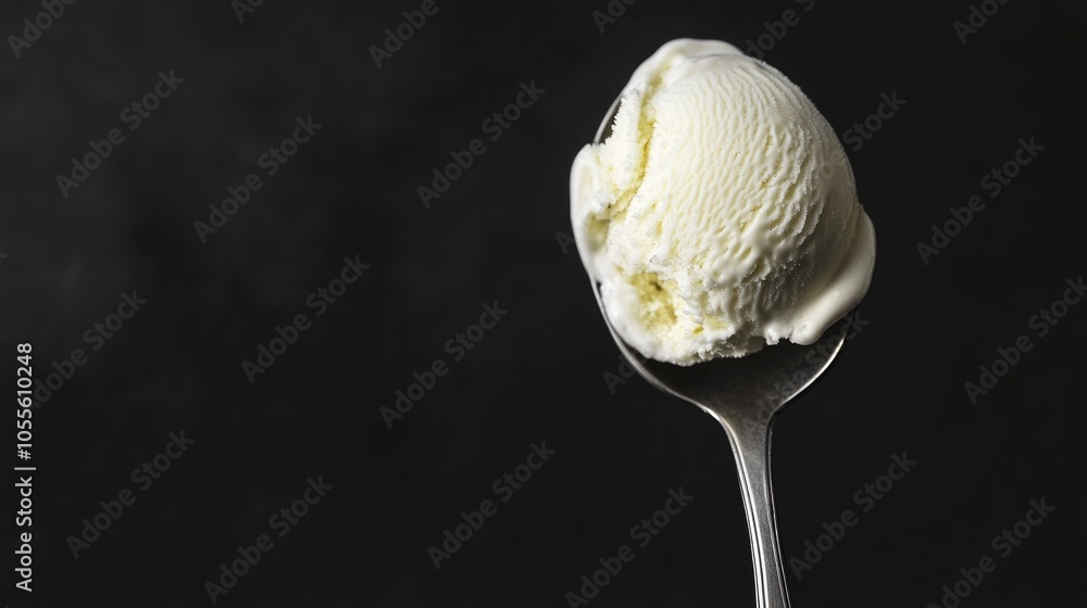 Poster close up of a scoop of vanilla ice cream on a spoon captured in a wide panoramic format
