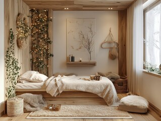  Cozy winter-themed massage room with eucalyptus and fur throws; low lighting and natural wood tones add warmth, creating a luxurious, relaxing spa ambiance.